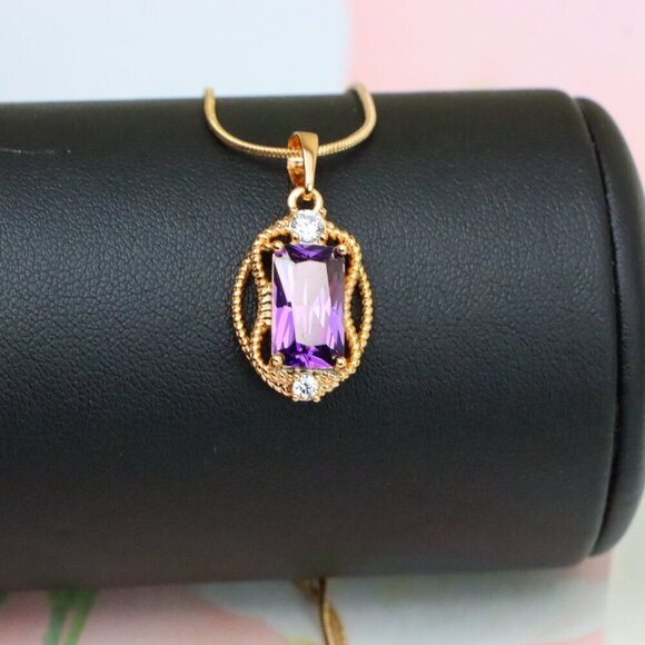 "Purple Rectangle Pendant with Gold Plated Frame and Crystal Accents, XPPT1683 - Picture 3 of 13